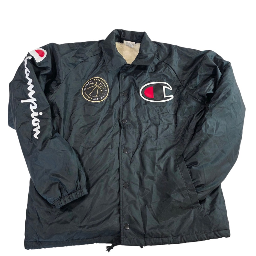 Champion Coaches Jacket Black M 100% Polyester Long Sleeve Snap Button NBPA Logo
